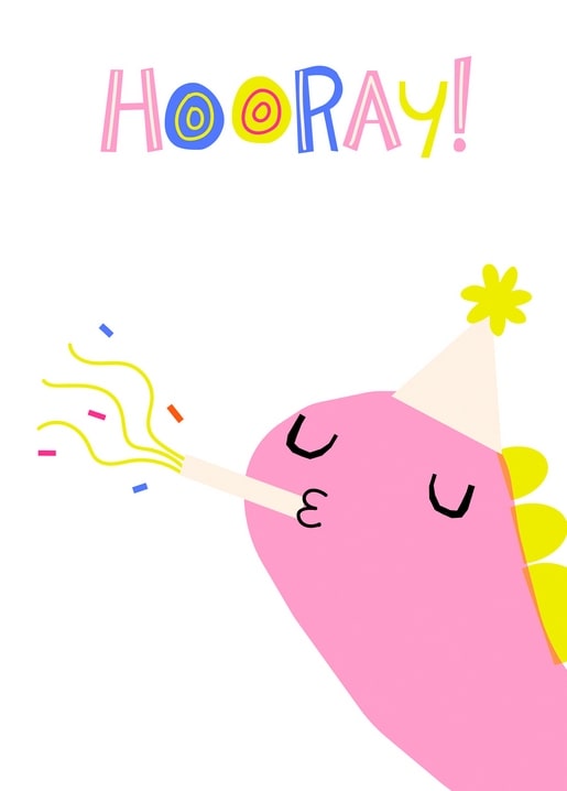 Pink dinosaur in a party hat blowing a confetti popper under 'Hooray!'