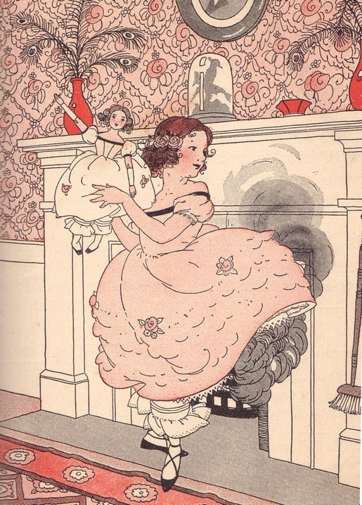 Vintage illustration of a girl in a pink dress dancing with a doll beside a smoking fireplace and peacock-feather wallpaper.