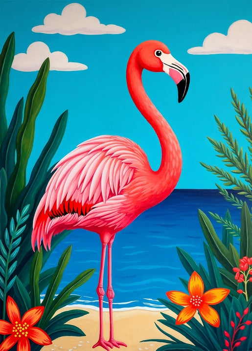 Illustrierter rosa Flamingo am Sandstrand unter blauem Himmel
