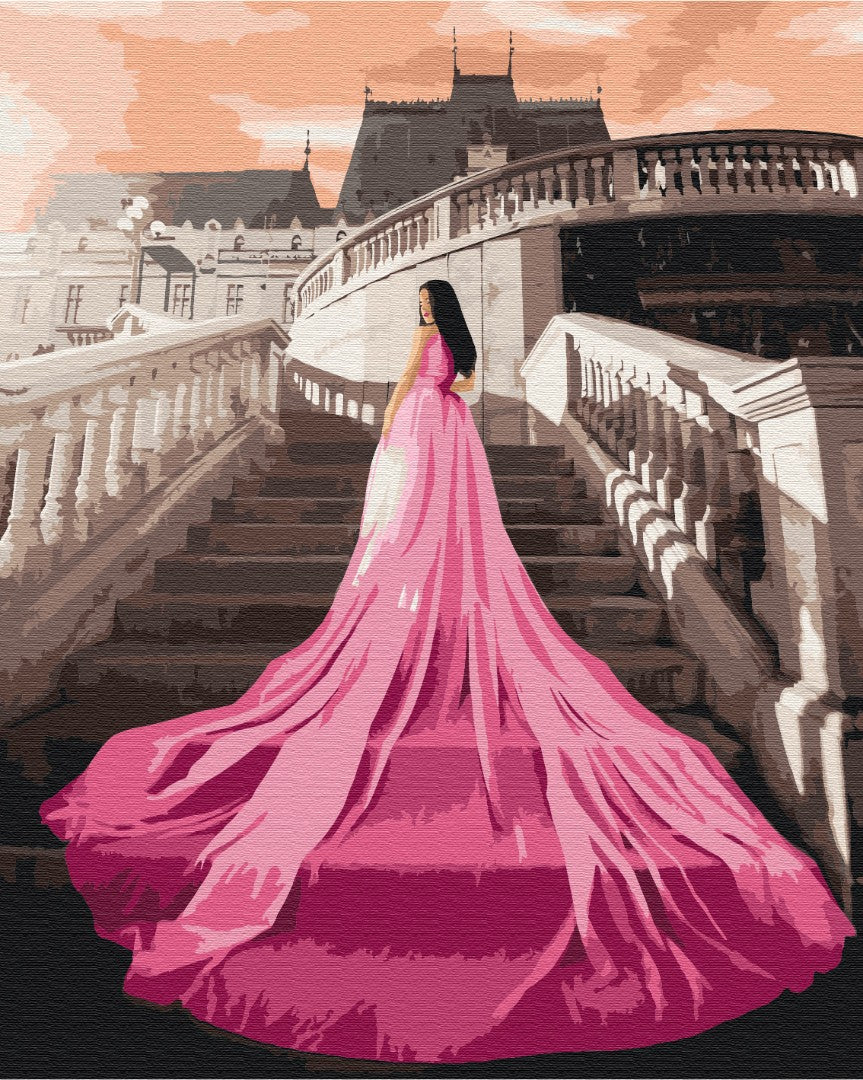 Illustrierte Frau im rosa Kleid steigt bei Sonnenuntergang die Schlosstreppe hinab