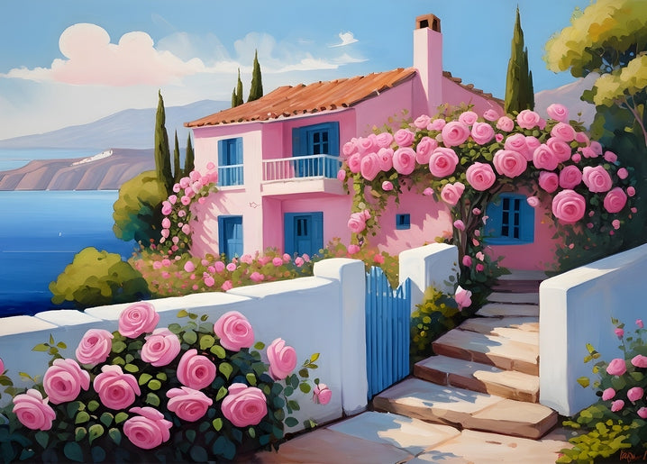 Illustration of a pink Greek house with a rose-covered gate overlooking the sea and cliffs.