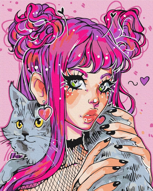 Illustriertes Mädchen mit rosa Haaren hält eine graue Katze, Design von @nila_art_art