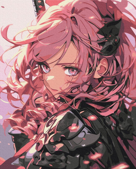 Nahaufnahme einer rosahaarigen Kriegerin in dunkler Rüstung im Anime-Stil