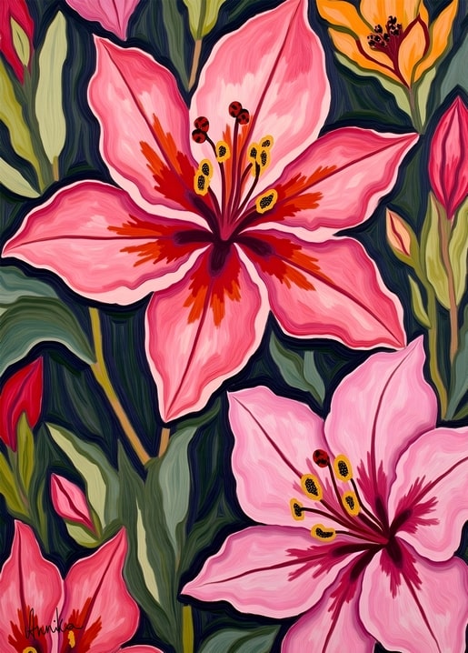 Macro illustration of pink lilies in bloom with an orange flower against dark green leaves