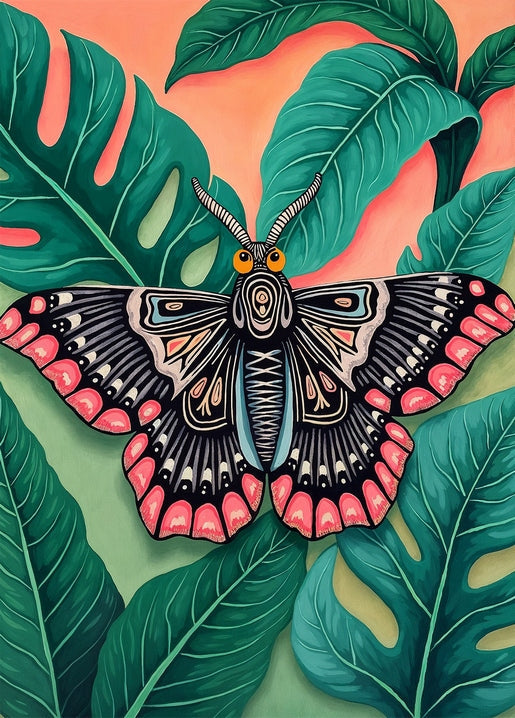 Illustrierter Nachtfalter mit rosa Flügelrand auf Monstera-Blättern vor korallenfarbenem Himmel
