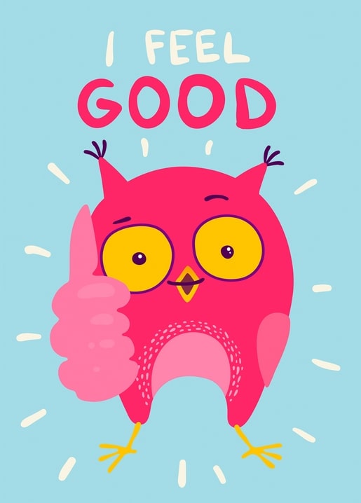 Pink cartoon owl giving a thumbs-up with “I feel good” text on blue background