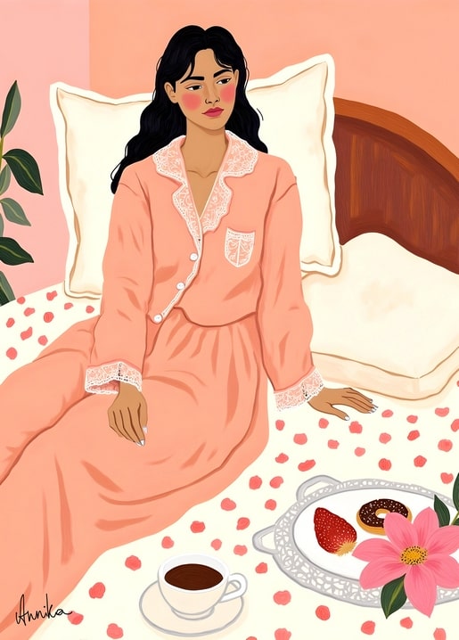 Illustration einer Frau im rosa Pyjama beim Frühstück im Bett