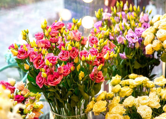 Bunches of pink, purple and yellow roses on display in a flower shop