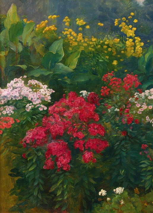 Garden painting of pink and red phlox with yellow flowers in the background