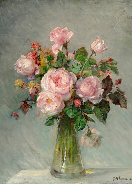 Oil painting of pink roses in a glass vase on a table, postcard by Bertha Wegmann