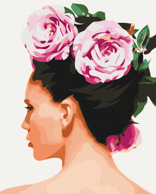 Profilporträt-Illustration: dunkles Haar einer Frau geht in zwei große rosa Rosen mit grünen Blättern über