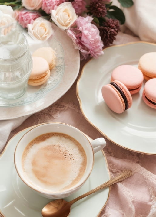 Flat lay of pink roses, pastel macarons and a frothy coffee cup on a blush tablecloth