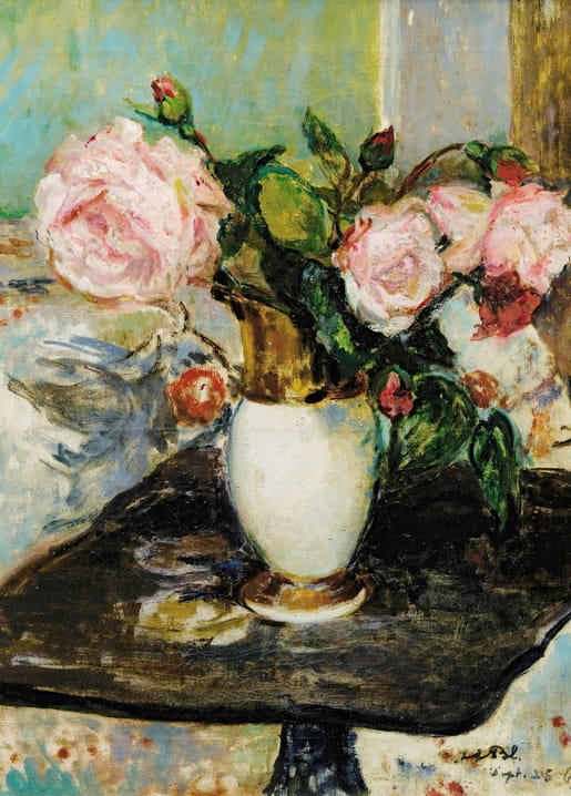 Pink roses in a gilt-footed vase on a dark table, oil painting by Jacques-Émile Blanche