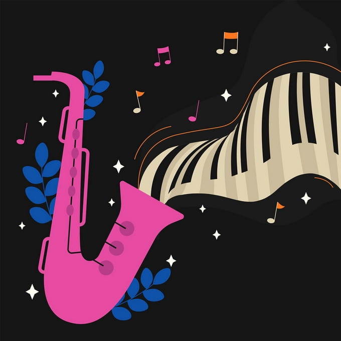 Pink saxophone with blue leaves and piano keys on a black background