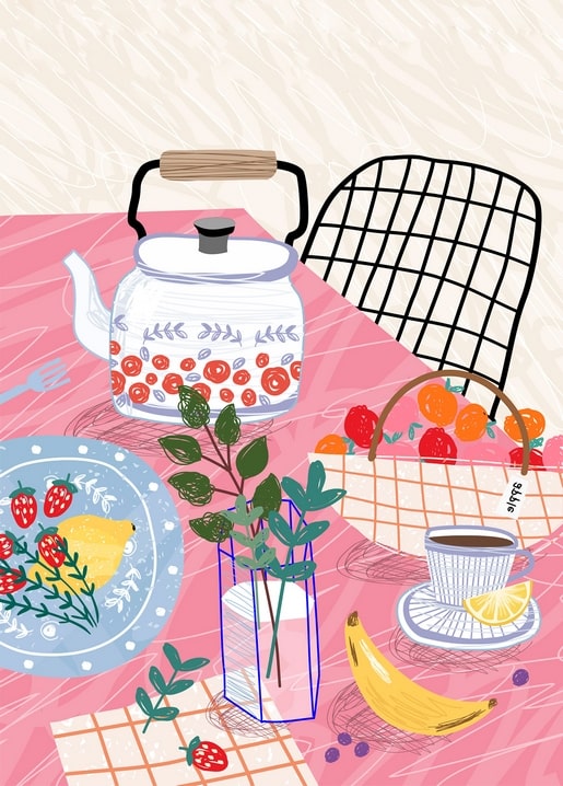 Pink-toned still life with a floral teakettle, coffee, strawberries, banana and oranges