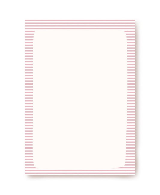 Blank cream notepaper sheet with a pink striped border and rounded corners