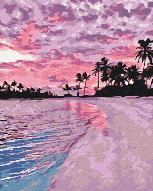 Pink and purple sunset over a silhouetted palm-lined beach, reflected in the surf