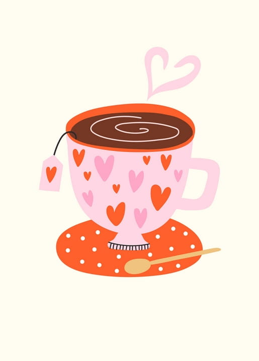Rosa Teetasse mit Herzen, deren Dampf sich zu einem Herzen formt