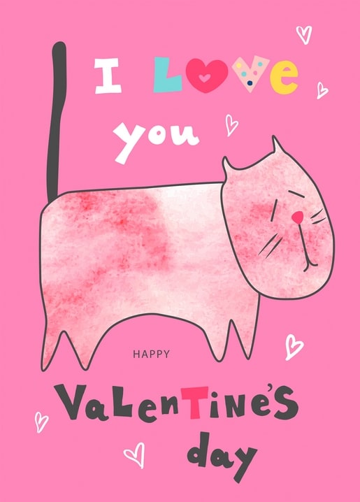 Rosa Aquarell-Katze mit dem Schriftzug I Love You zum Valentinstag und weißen Herzen