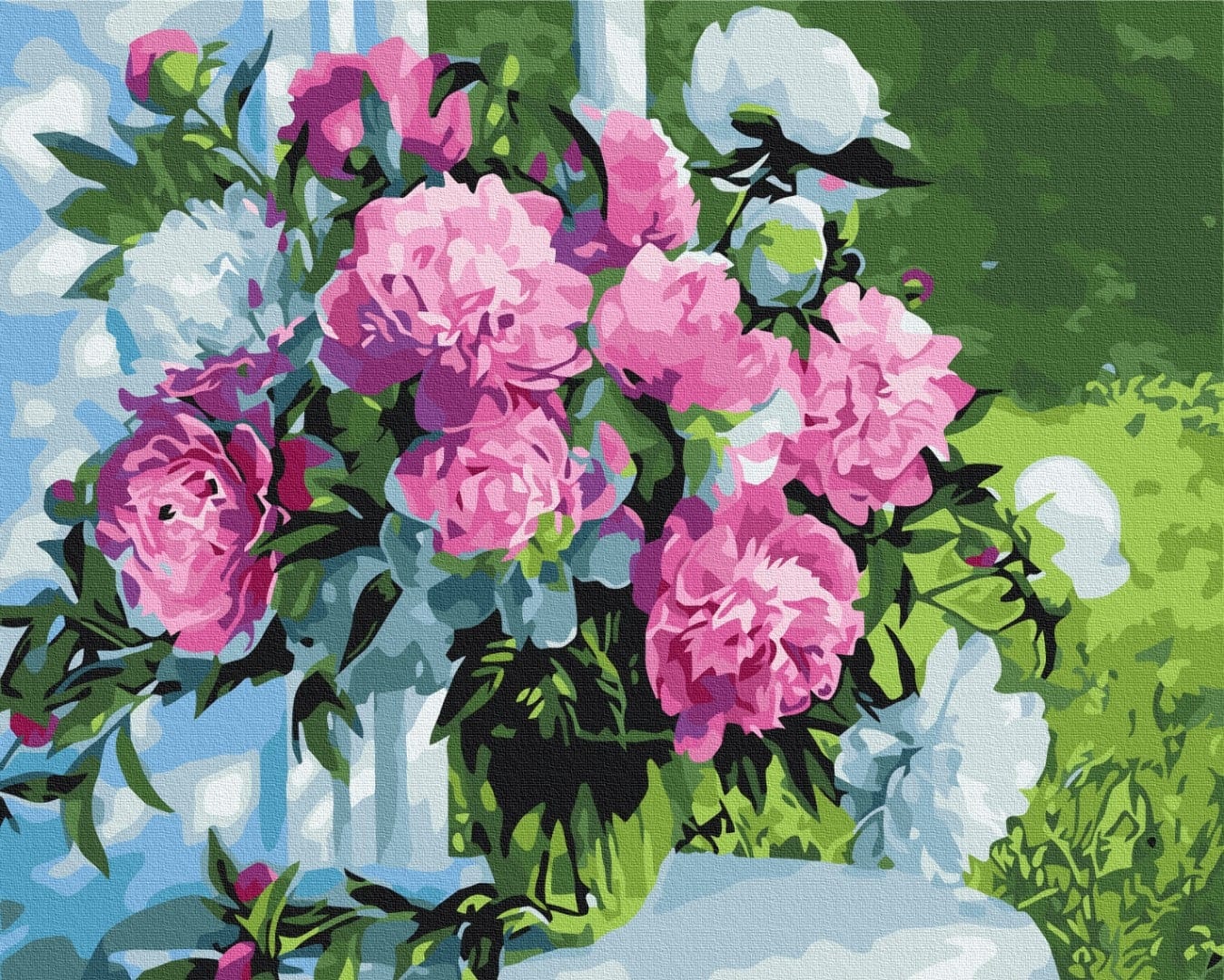 Bouquet of pink and white peonies on a garden ledge, paint-by-numbers canvas