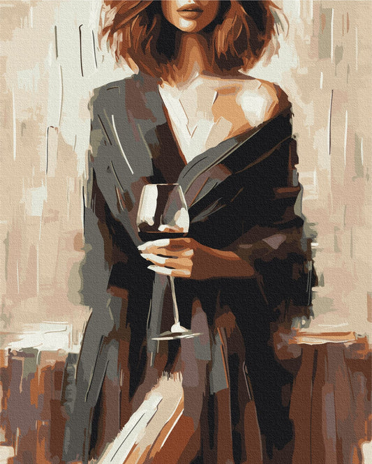 Gemälde „Piquancy“: Frau im dunklen Umhang mit einem Glas Rotwein
