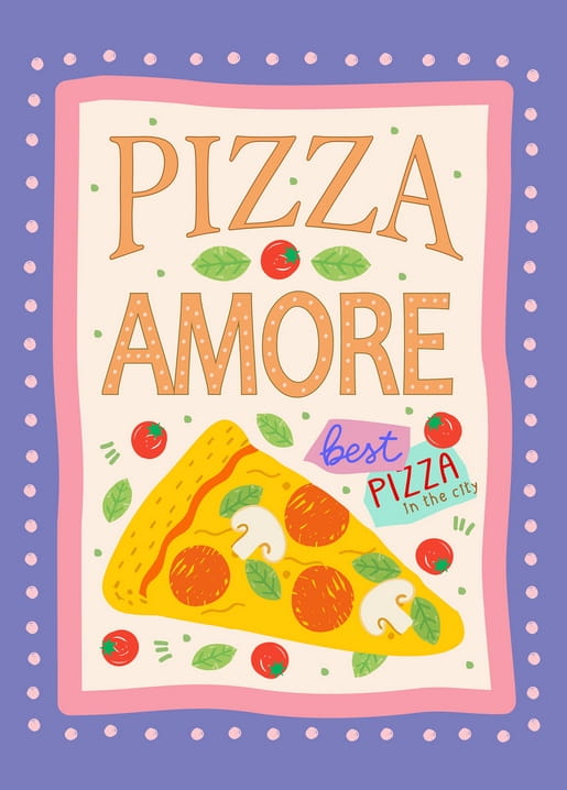 Ретро-ілюстрація листівки зі скибкою піци, написом «Pizza Amore» й рамкою в горошок