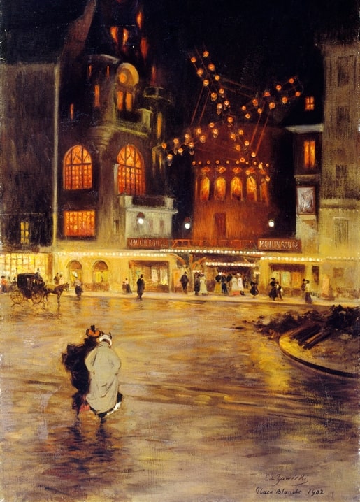 Edouard Zawiski painting of Place Blanche and the Moulin Rouge lit up at night in Paris