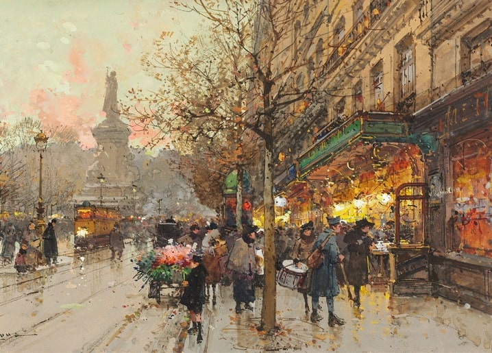 Place de la République am Abend mit warmen Café-Lichtern und Blumenkarren, Gemälde von Eugène Galien-Laloue