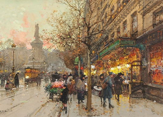 Place de la République am Abend mit warmen Café-Lichtern und Blumenkarren, Gemälde von Eugène Galien-Laloue
