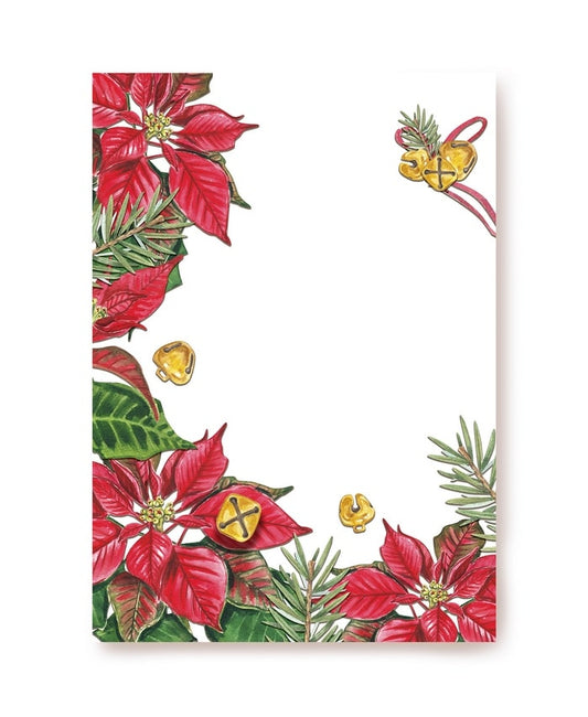 Writing paper bordered with red poinsettia flowers and gold jingle bells