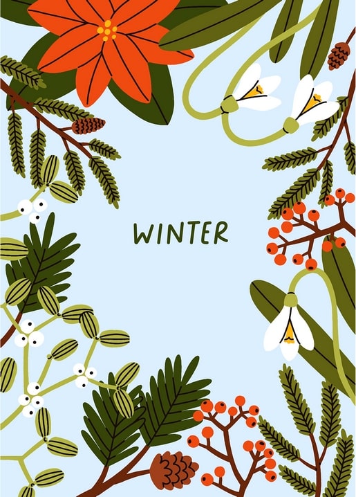 Flache Illustration eines Winterkranzes mit Weihnachtsstern, Schneeglöckchen und Tannenzweigen um das Wort WINTER