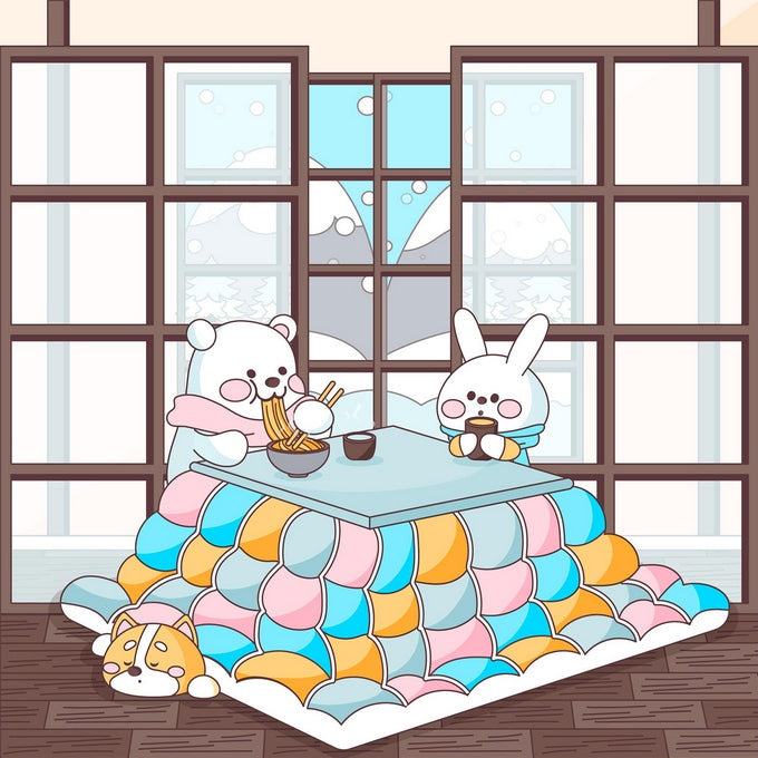 Polar bear and bunny eating ramen at a kotatsu table with a corgi asleep nearby, snow falling outside