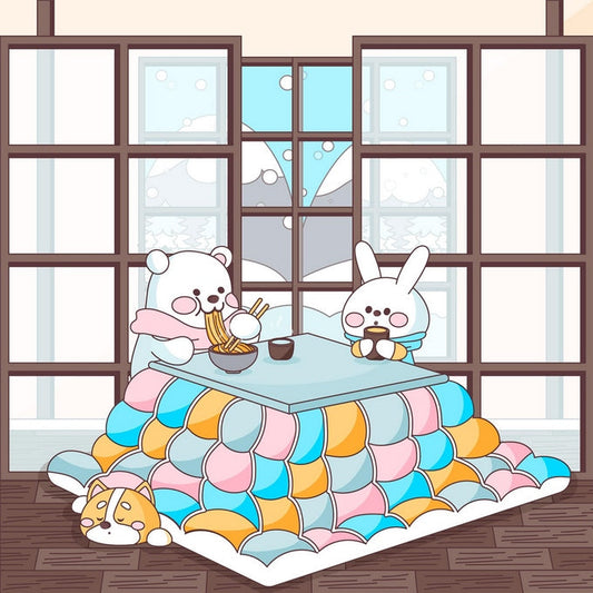 Polar bear and bunny eating ramen at a kotatsu table with a corgi asleep nearby, snow falling outside