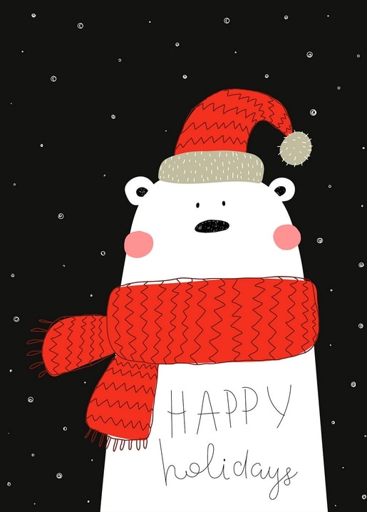 Eisbär-Illustration mit roter Weihnachtsmütze und Schal, Schriftzug Happy Holidays auf schwarzem Grund