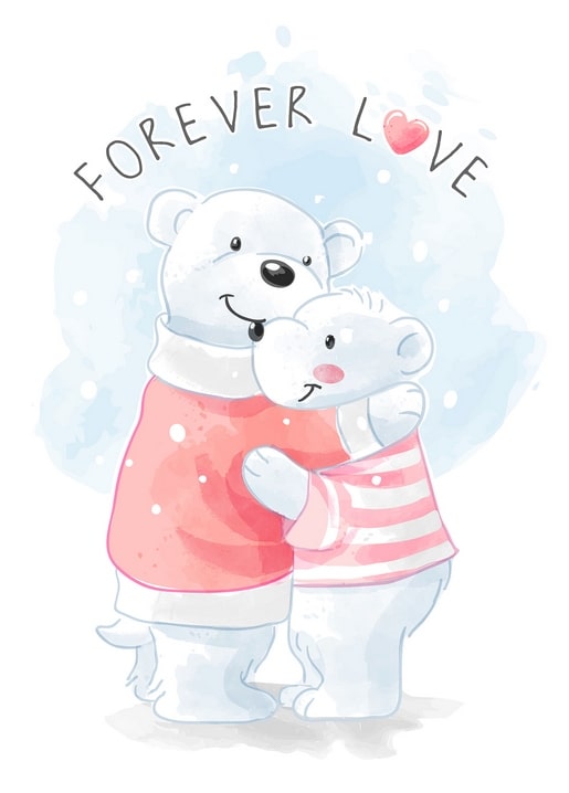 Two watercolor polar bears hugging in the snow beneath 'Forever Love' lettering