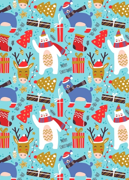 Seamless Christmas pattern with polar bears, reindeer, trees and gift boxes on blue background