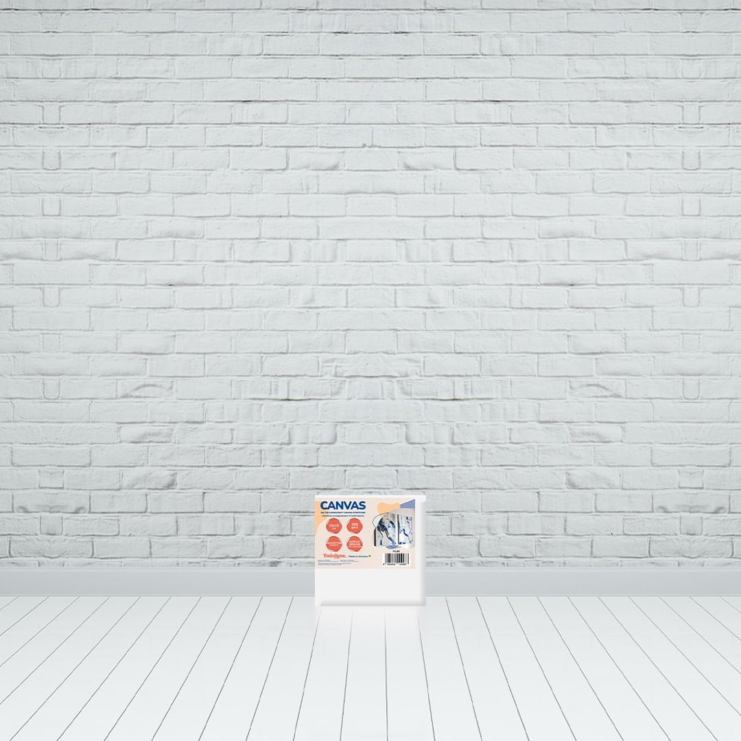 Boxed blank polycotton canvas, 25×25 cm, staged against a white brick wall
