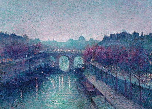 Pointillistisches Dämmerungsbild von Pont-Neuf und Seine mit rosa Herbstbäumen, von Maximilien Luce