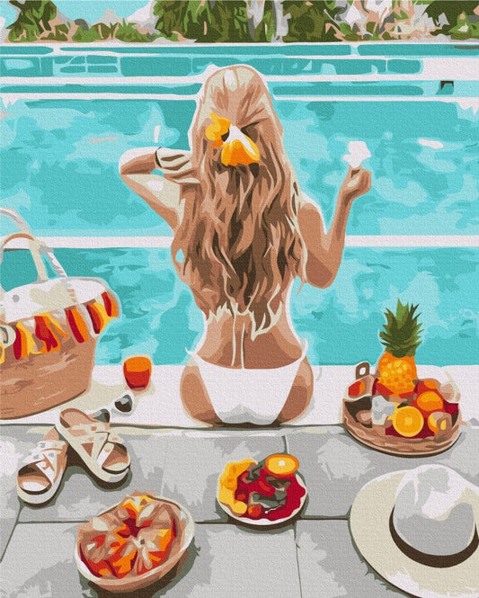 Frau am Pool mit Ananas, Obst und Strohhut, Malen-nach-Zahlen-Motiv