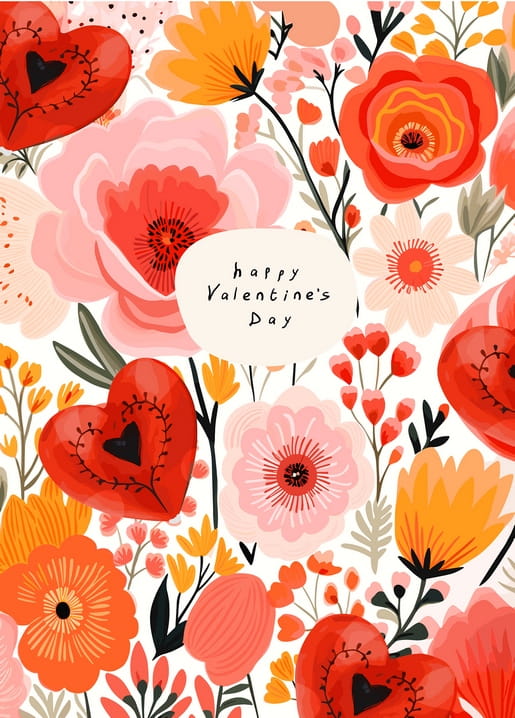 Rote Mohnblumen und rosa Blüten um Folk-Art-Herzen mit Valentinsgruß