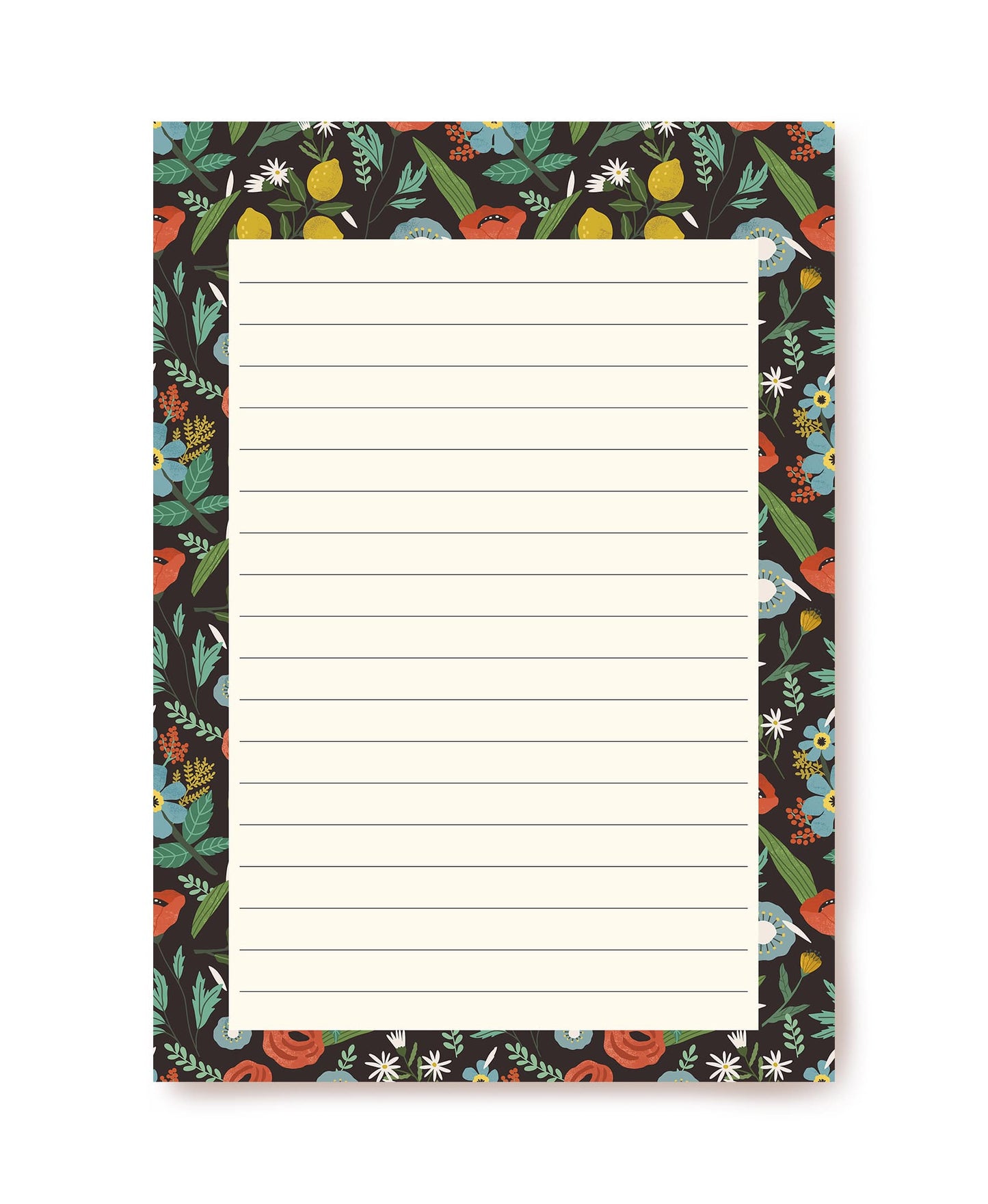 Schwarzes liniertes Briefpapier mit roten Mohnblumen, blauen Blüten, Gänseblümchen und Zitronen