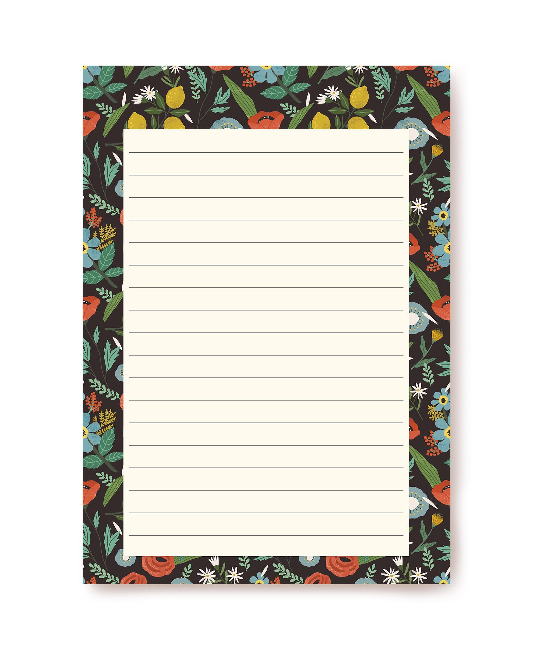 Schwarzes liniertes Briefpapier mit roten Mohnblumen, blauen Blüten, Gänseblümchen und Zitronen