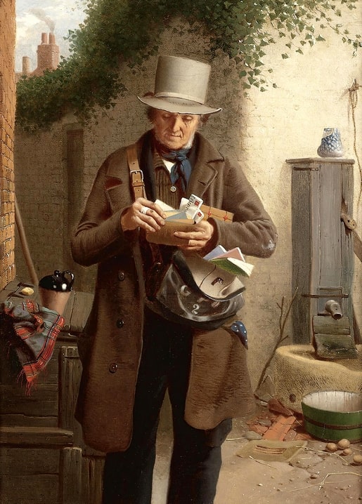 Painting of an elderly postman sorting letters in an ivy-covered brick courtyard