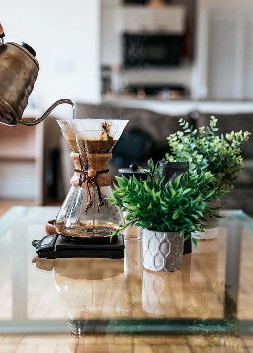 Chemex pour-over coffee brewing beside potted plants on a glass tabletop