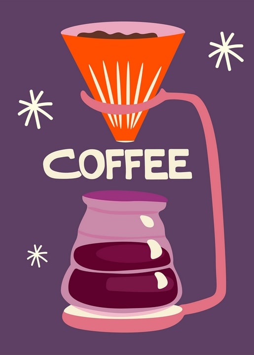 Retro illustration of a pour-over coffee dripper and mug with the word COFFEE