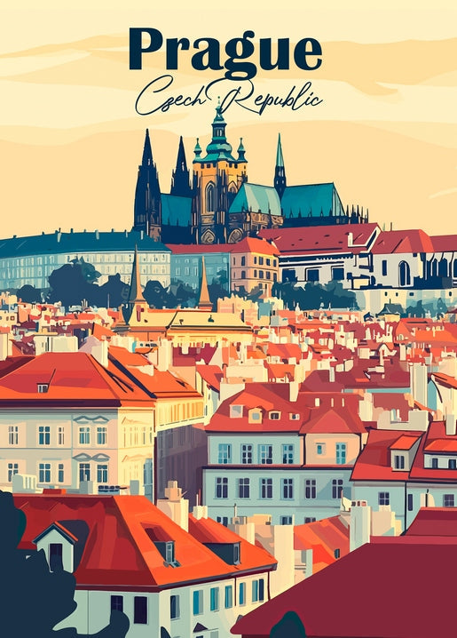 Reiseposter-Postkarte mit der Prager Burg über roten Ziegeldächern zur goldenen Stunde