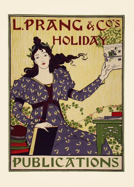 Вінтажний плакат ар-нуво «L. Prang & Co's Holiday Publications» з жінкою, яка тримає листівку