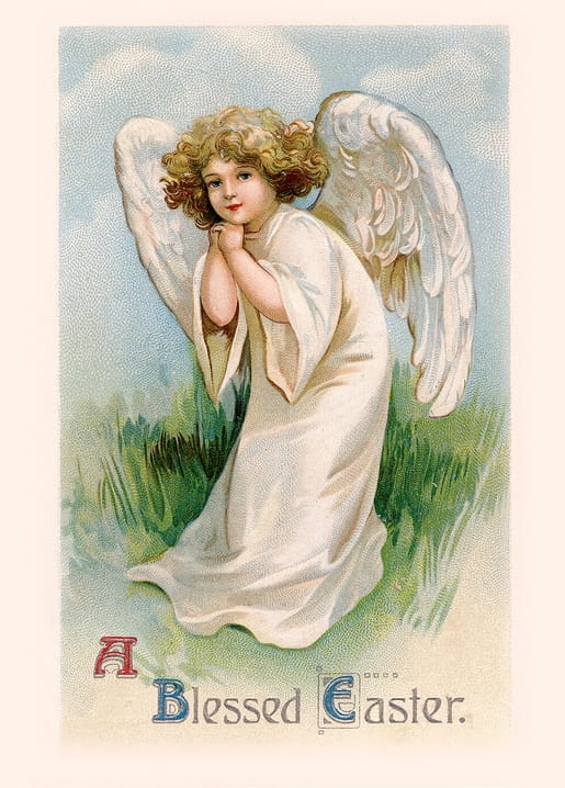 Vintage-Illustration eines goldlockigen Engels, der im Gras unter blauem Himmel betet
