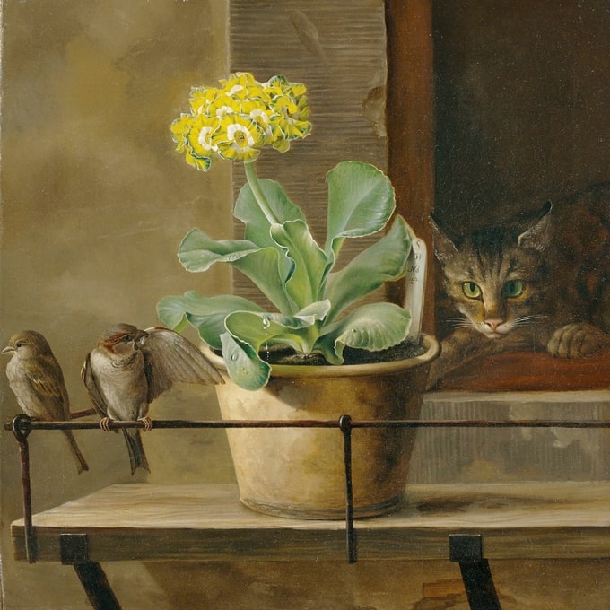 Antique-style painting of a primrose in a flowerpot, two sparrows, and a cat watching from a window