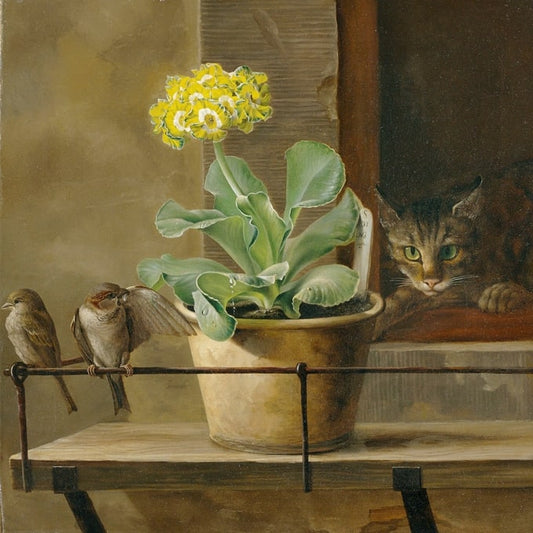 Gemälde im Antik-Stil: Primel im Blumentopf, zwei Spatzen und eine Katze, die aus dem Fenster schaut